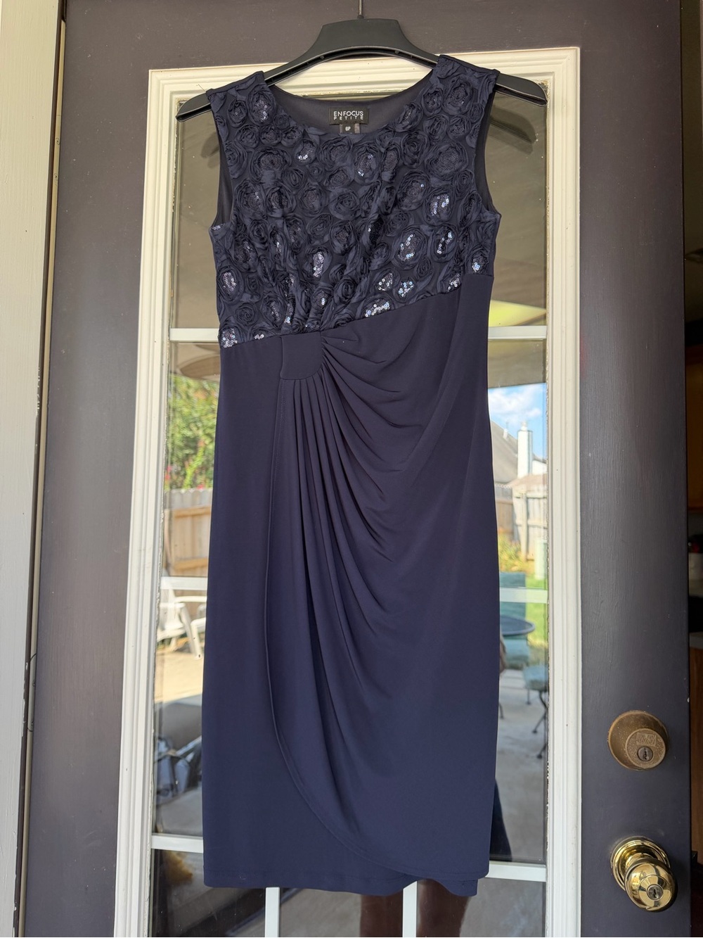 Enfocus Studio Navy Sleeveless Floral Appliqué Sheath Dress
